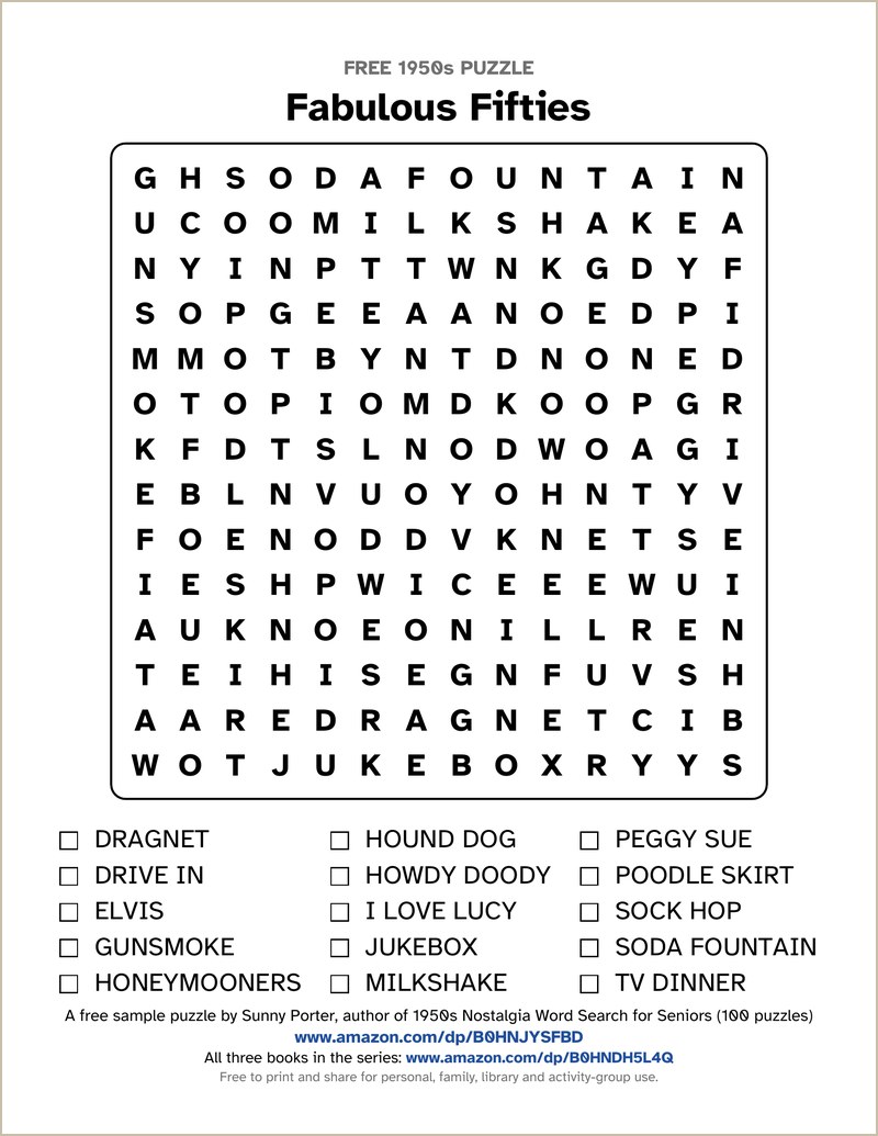 Fabulous Fifties large-print 1950s word search with a 14 by 14 letter grid and a word list with tick boxes