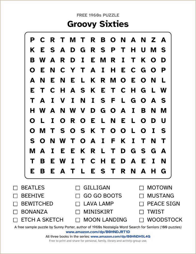 Groovy Sixties large-print 1960s word search with a 14 by 14 letter grid and a word list with tick boxes