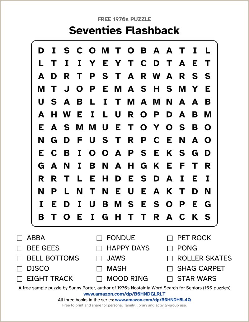 Seventies Flashback large-print 1970s word search with a 14 by 14 letter grid and a word list with tick boxes