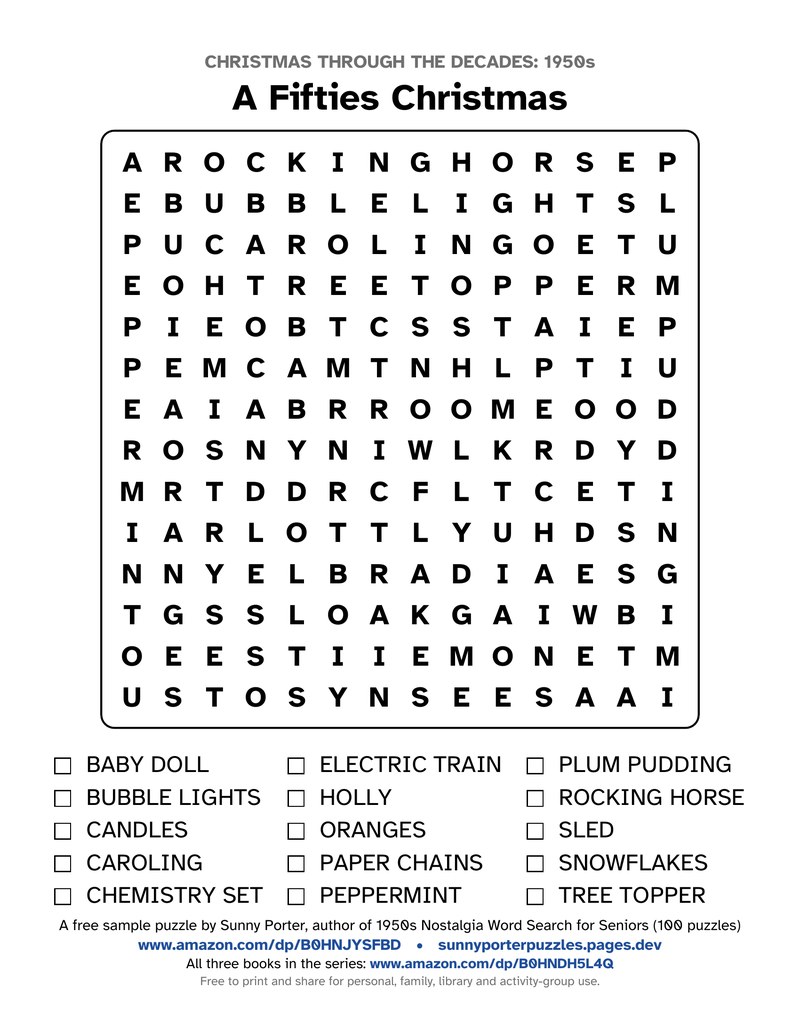A Fifties Christmas, a large-print 1950s Christmas word search with a 14 by 14 letter grid and a word list with tick boxes