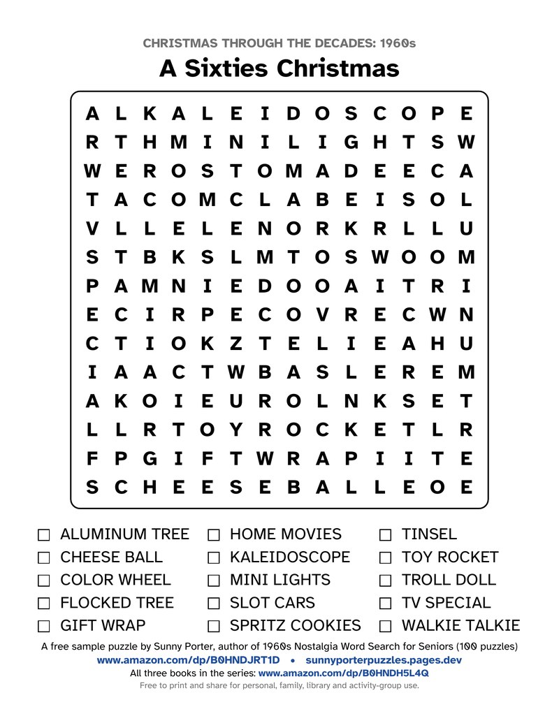A Sixties Christmas, a large-print 1960s Christmas word search with a 14 by 14 letter grid and a word list with tick boxes