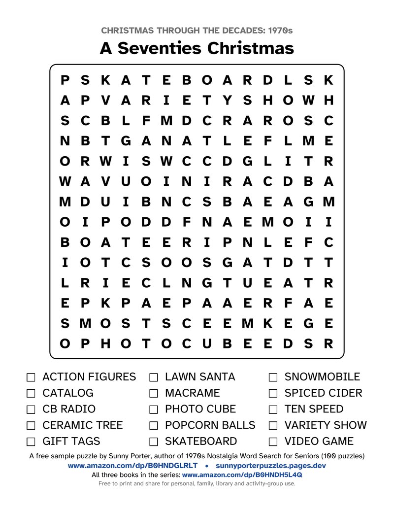A Seventies Christmas, a large-print 1970s Christmas word search with a 14 by 14 letter grid and a word list with tick boxes