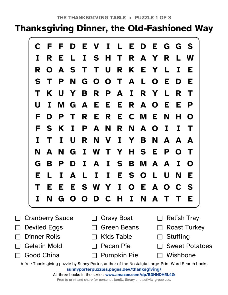 Thanksgiving Dinner, the Old-Fashioned Way, a large-print word search with a 14 by 14 letter grid and a word list with tick boxes