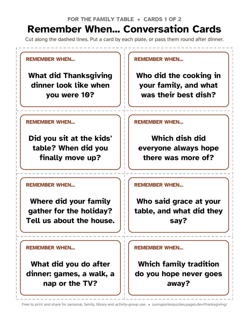 A page of Remember When conversation cards with dashed cut lines, with prompts such as What did Thanksgiving dinner look like when you were 10?